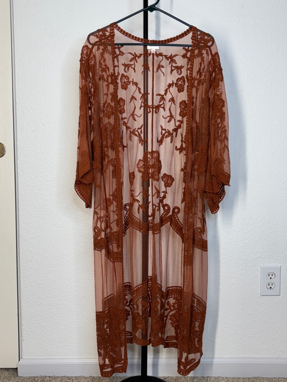 Dizzy Gal Sheer Embroidered Floral Lace Rust Brown Kimono Duster XL - Picture 2 of 12